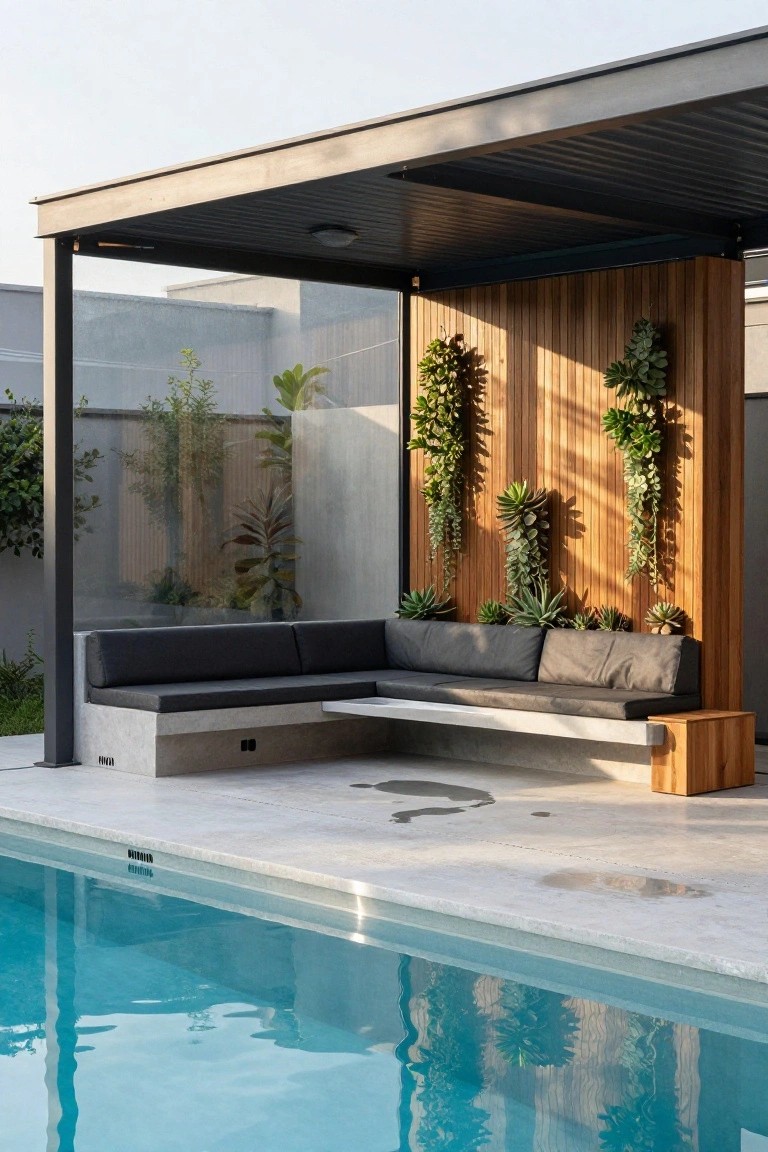 Metal pergola shading an L-shaped concrete bench with black cushions next to a swimming pool, with a wooden wall featuring hanging plants and polished concrete decking.