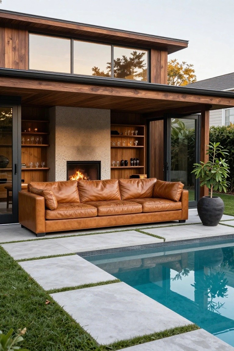 Wooden-covered outdoor lounge with tan leather sectional sofa, built-in fireplace, open shelving, sliding glass doors, and adjacent rectangular pool on gray concrete pavers surrounded by grass.