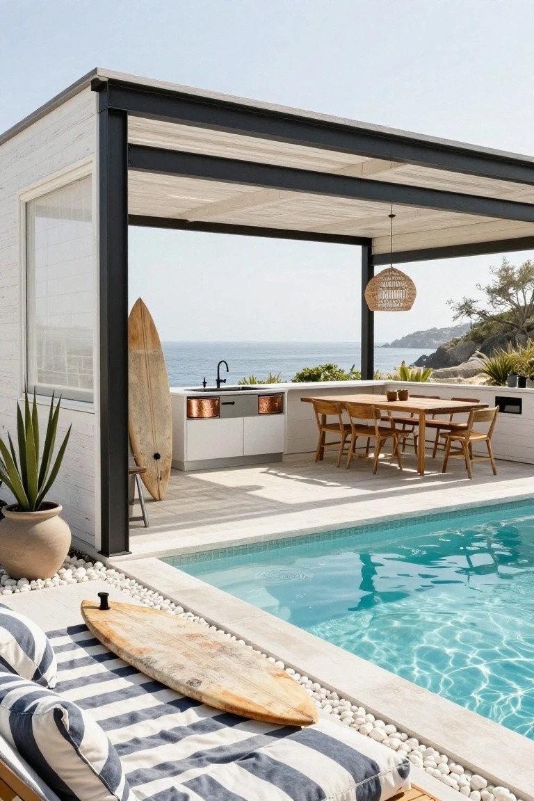 Black steel-framed outdoor gazebo with white shiplap walls enclosing a kitchen counter, copper sink, wooden dining table and chairs, lounge area with surfboard, next to a turquoise pool overlooking the ocean.