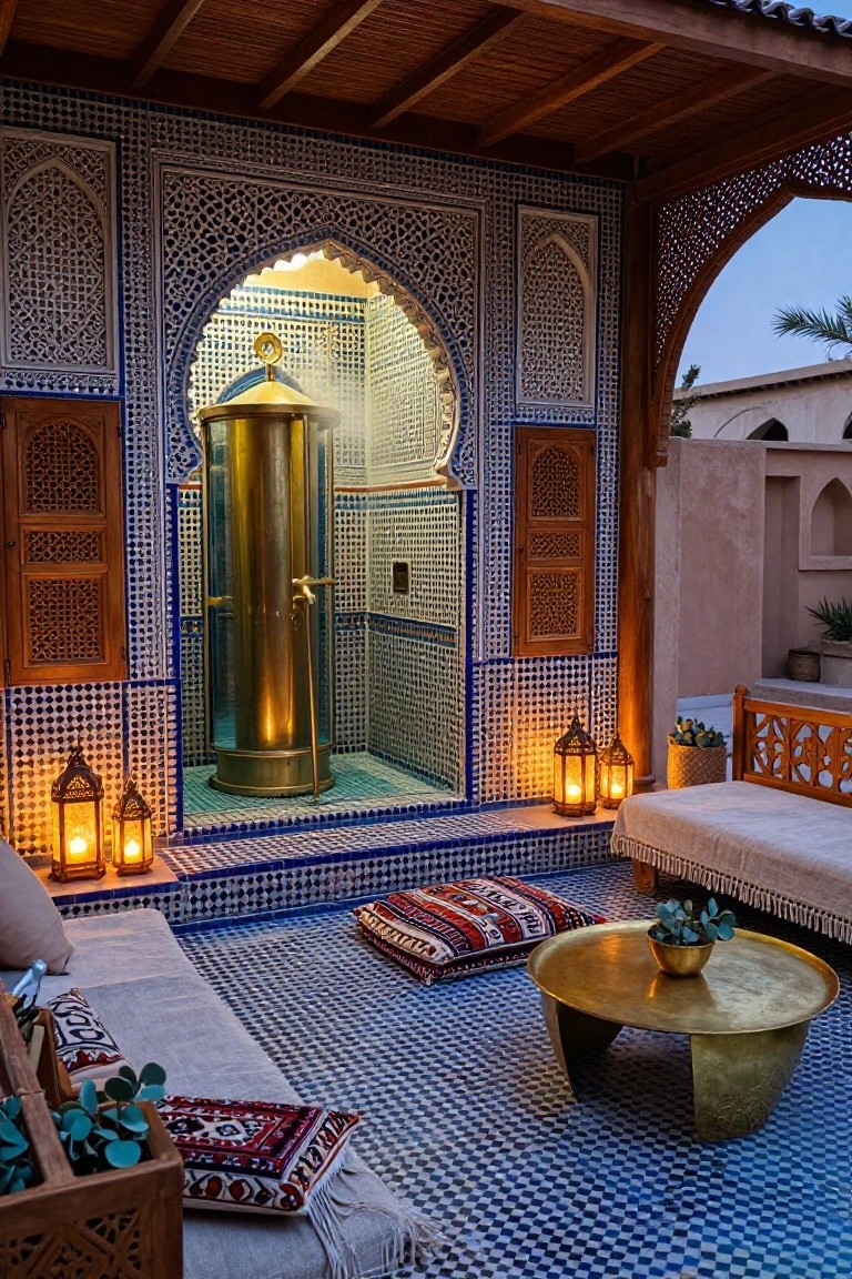 Outdoor poolside gazebo with a tall golden brass cylindrical shower in a blue and white tiled arched enclosure, surrounded by cushioned seating, lanterns, plants, and a low table on a checkered tile floor.