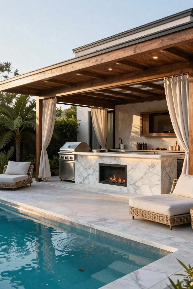 Outdoor kitchen island with marble countertop, built-in grill, sink, and linear gas fireplace under a wooden pergola with white curtains, next to a pool and lounge chairs on tiled patio.