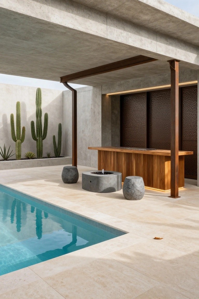 Outdoor pool area under a concrete pergola with wooden bar counter, concrete fire pit bowl, stone stools, cacti plants against a wall, and blue pool water at the edge.
