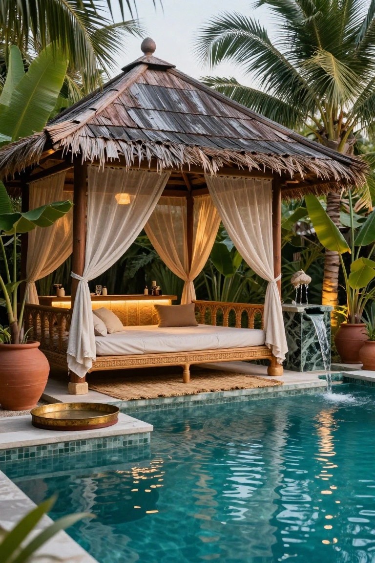 A thatched-roof gazebo with draped white curtains and a rattan daybed with beige cushions sits at the edge of a turquoise pool, surrounded by potted plants, palms, and a small waterfall fountain.