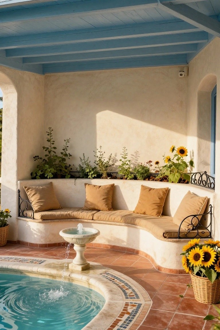 Curved white stucco bench with beige cushions and black iron supports under a blue beamed ceiling, next to a small turquoise pool with a stone fountain, built-in planters with herbs and sunflowers, and potted flowers on terracotta tiles.