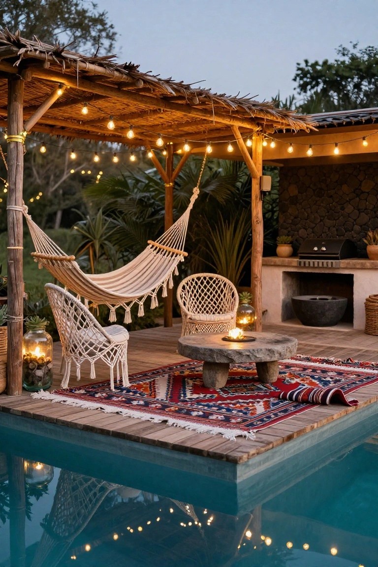 Thatched roof gazebo on a wooden deck over a turquoise pool, featuring a beige hammock, white rattan chairs, red rug, string lights, and stone table.