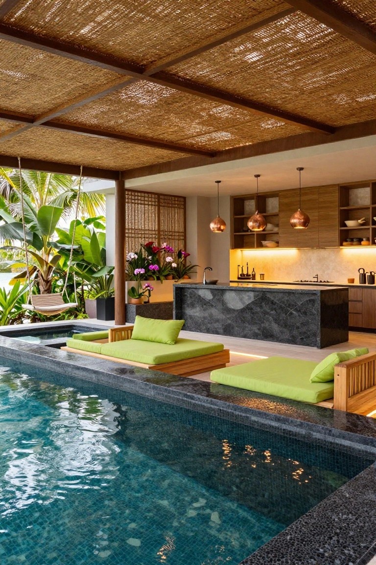 Thatched roof pavilion with outdoor kitchen island, wooden cabinets, copper pendant lights, green cushioned lounge seats on black stone pool deck edge, tropical plants and swing nearby.