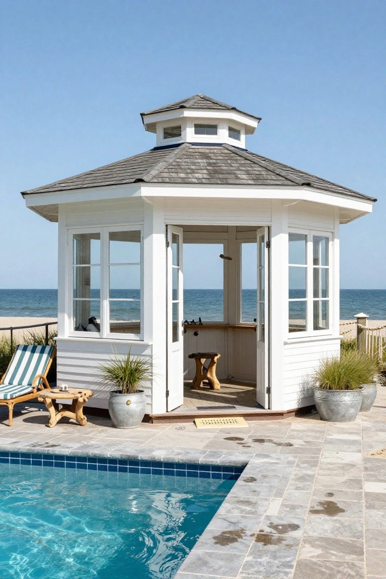 White octagonal wooden gazebo with gray shingle roof and large windows beside a blue swimming pool on a stone patio, featuring a wooden bar inside, lounge chair, and plants, with ocean and beach in the background.
