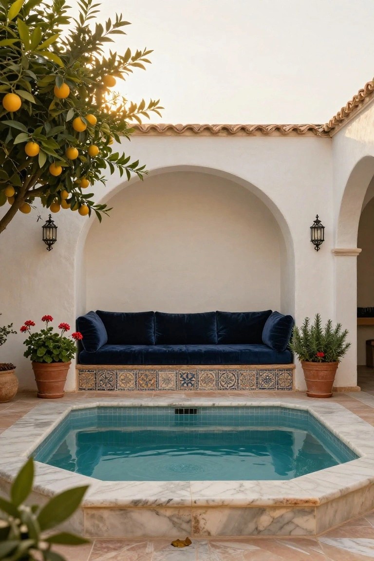 White stucco courtyard with arched alcove containing a navy velvet three-seater sofa next to a small turquoise octagonal plunge pool edged in marble, flanked by potted plants, geraniums, a citrus tree with oranges, and wall lanterns.