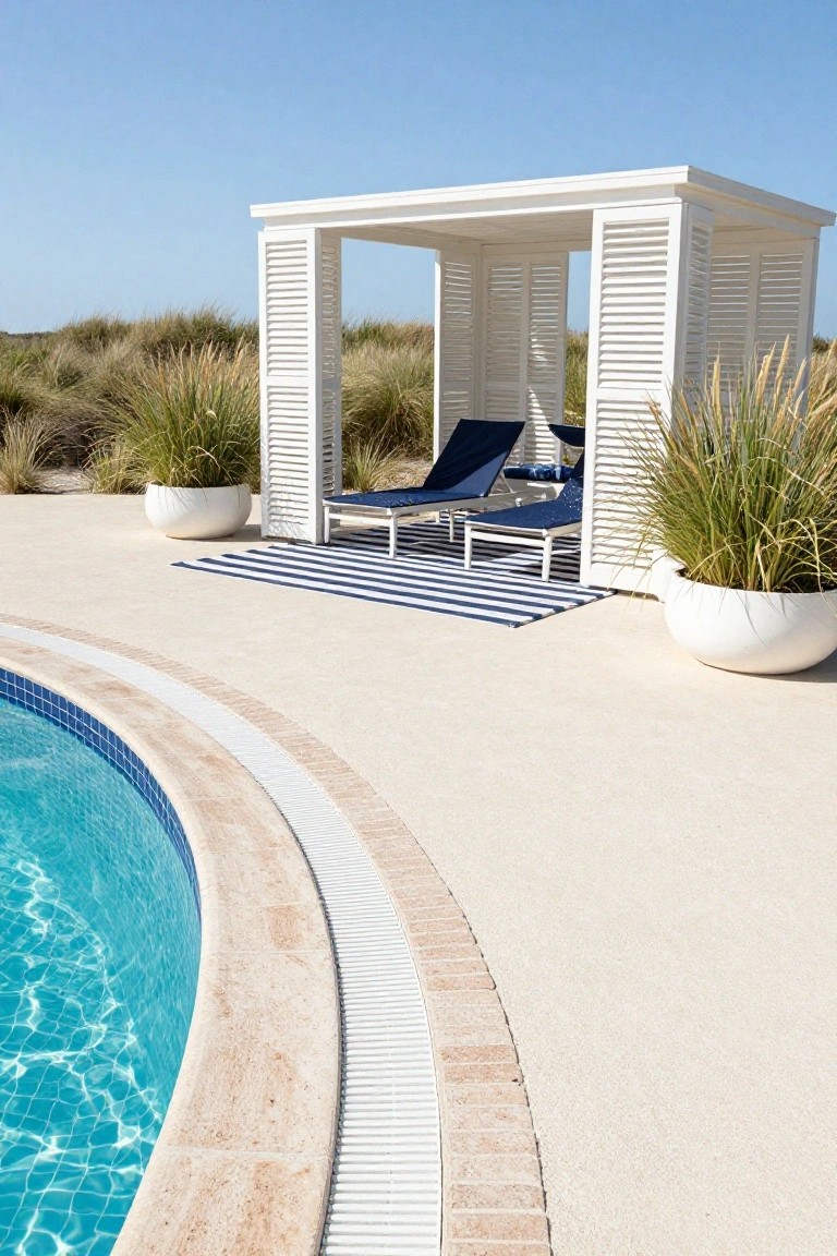 White louvered cabana sheltering two blue lounge chairs next to a curved turquoise pool on beige decking, with large potted dune grasses nearby.
