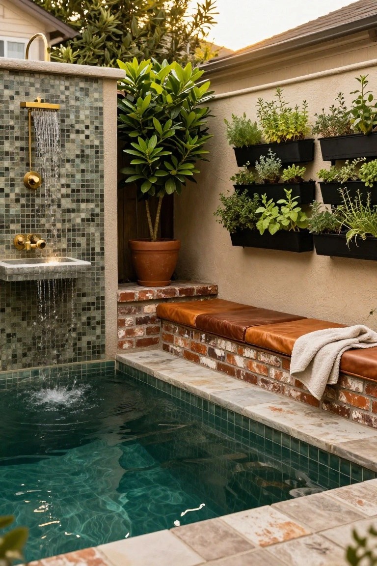 Small turquoise-tiled plunge pool adjacent to an outdoor shower with gold fixtures on a mosaic-tiled wall, brick bench with leather cushions, potted plants, and vertical black planters on stucco walls.