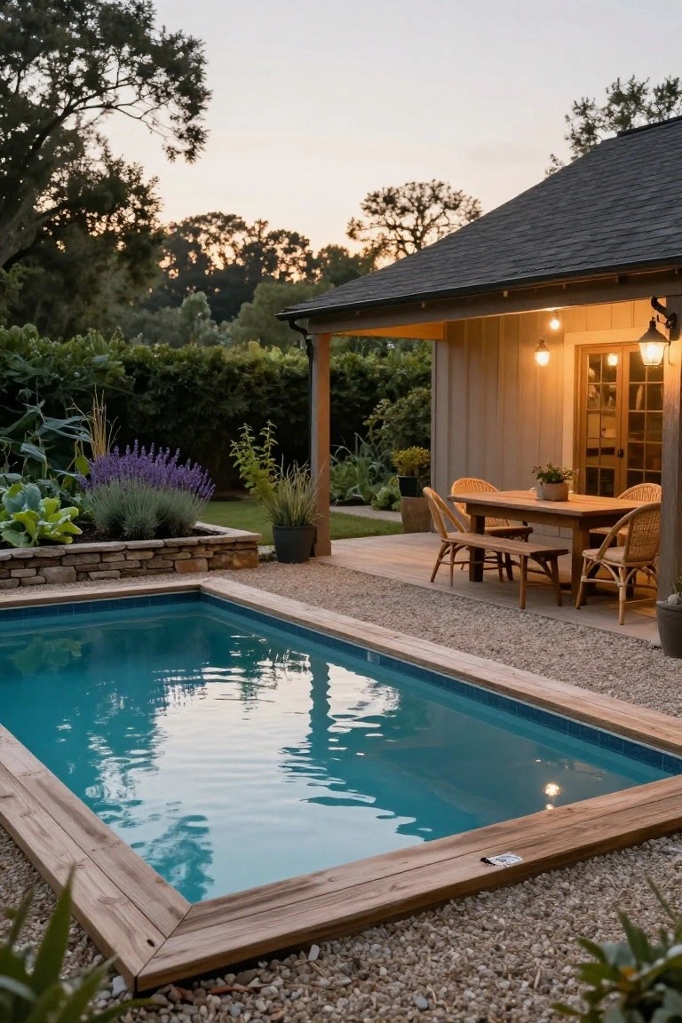 Small rectangular turquoise pool with light wood frame and edging, surrounded by white gravel and pebbles, adjacent to a covered wooden porch with rectangular dining table, rattan chairs and bench, potted plants, stone retaining wall, lavender and other greenery, and trees at dusk.