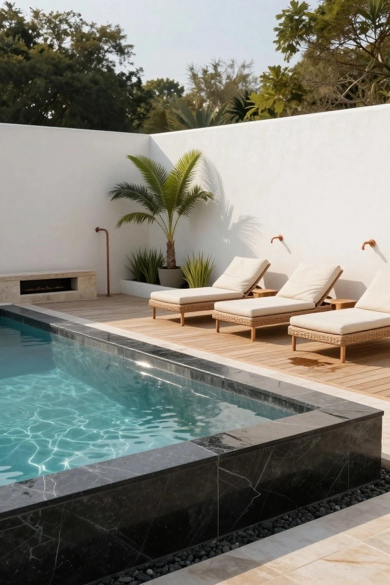 Outdoor infinity pool with black marble edging, light wood decking, three rattan loungers with white cushions, stone fire pit bench, palm tree, and white stucco walls.