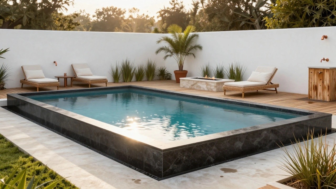 Outdoor infinity pool with black marble edging, light wood decking, three rattan loungers with white cushions, stone fire pit bench, palm tree, and white stucco walls.