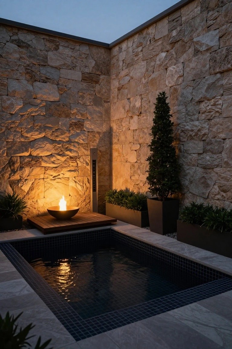 Small black-tiled rectangular plunge pool next to a raised wooden platform with a lit black bowl-shaped fire pit, enclosed by textured stone walls, potted plants, and a tall conifer tree in a dimly lit outdoor courtyard.