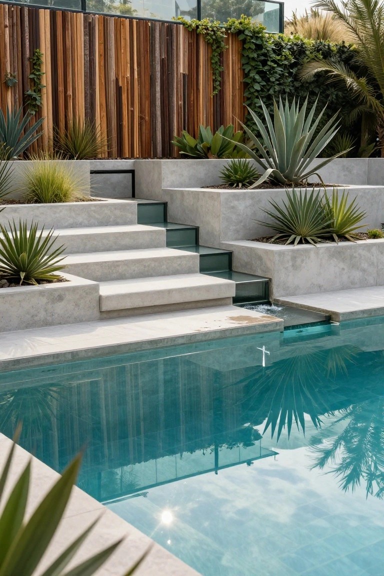 Concrete steps with glass panels on the front edge descend directly into a turquoise infinity pool, flanked by raised concrete planters filled with agave plants and backed by a wooden slat fence.