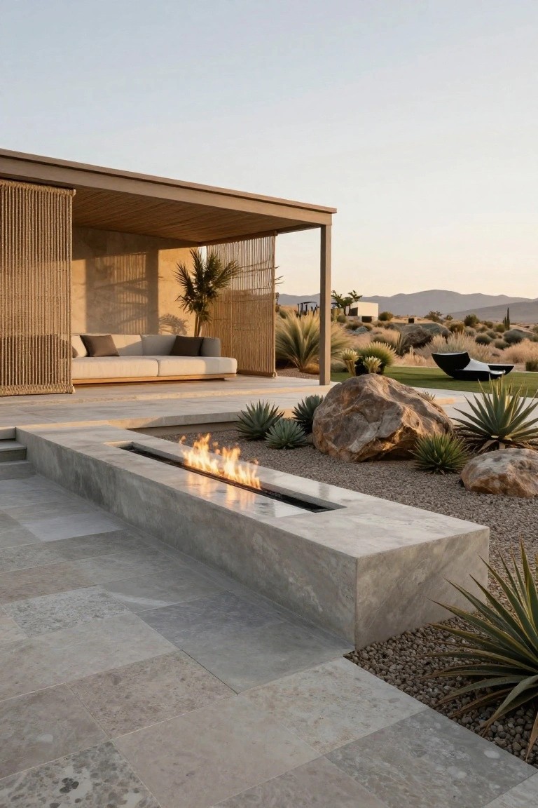 Outdoor patio featuring a linear gas fire pit in a white concrete trough, surrounded by large boulders, agave plants, gravel, and pavers, with a shaded pavilion and daybed nearby in a desert landscape.