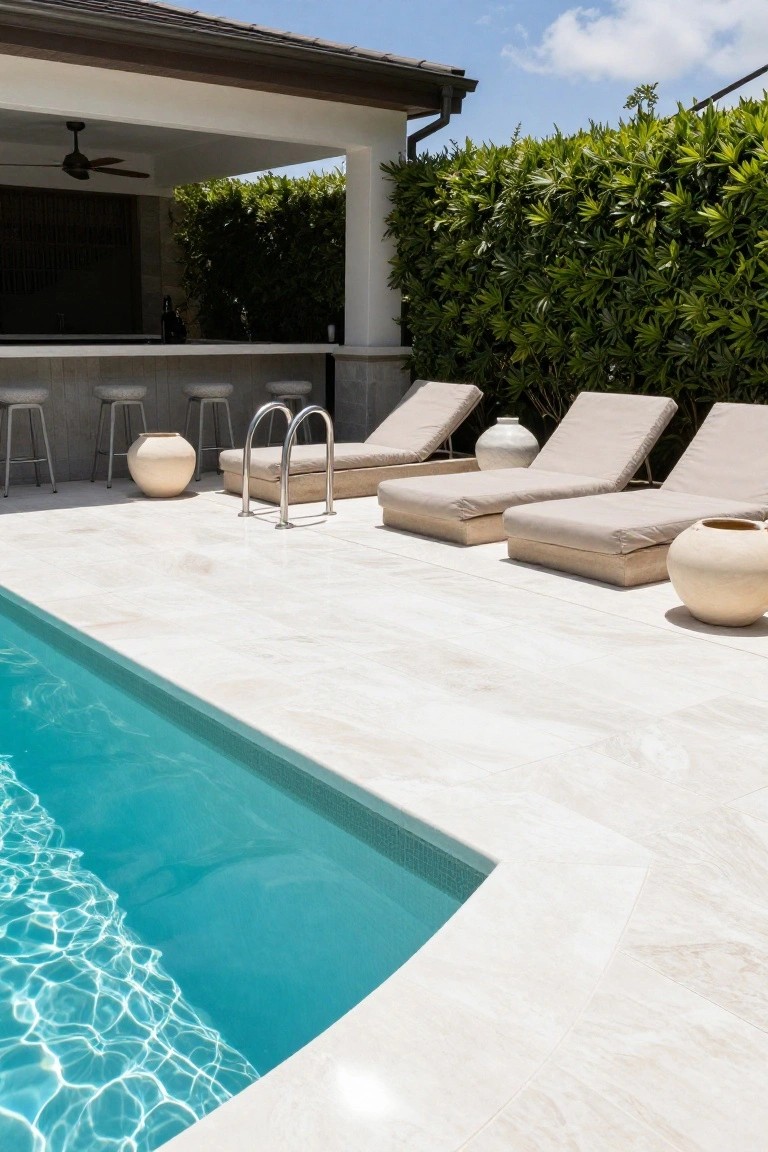 Turquoise pool with light stone decking edged by three beige loungers on low bases, large beige terracotta pots, stainless steel ladder, and nearby outdoor bar with stools against green hedge wall.