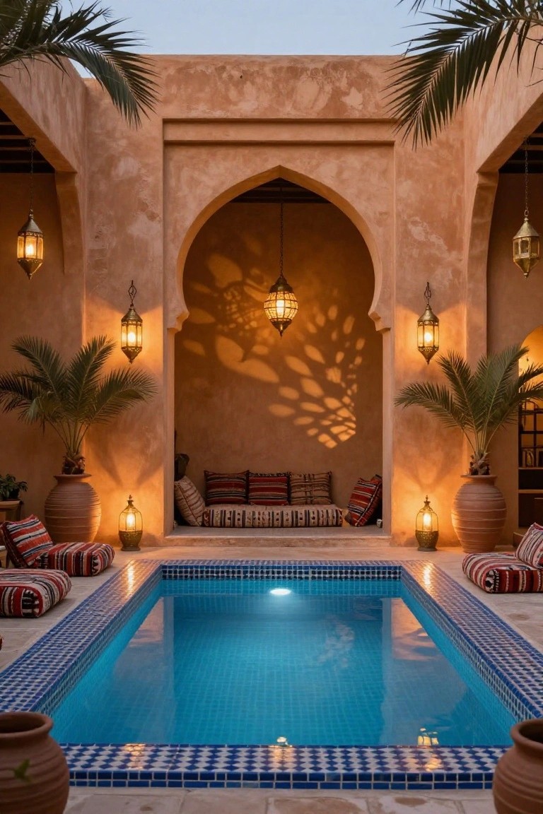Small rectangular pool with blue mosaic tiles in a Moroccan-style courtyard featuring arched alcoves, built-in stone benches with red and beige cushions, hanging metal lanterns, potted palms, and terracotta vases.