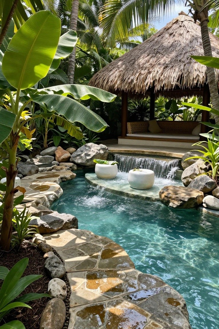Curved turquoise pool with natural stone waterfall cascading from boulders onto a stone platform with two white poufs, surrounded by tropical plants, rocks, and a thatched pavilion with cushioned seating.