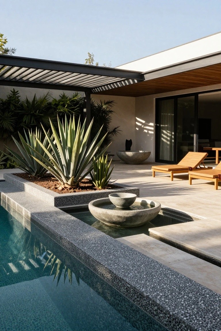 Pool with dark pebble mosaic tile edge and light stone terrace, stone basin fountain at the corner, raised planter bed with large agave plants, two teak chaise lounges, wooden pergola shade structure, and modern house with sliding glass doors and greenery in the background.
