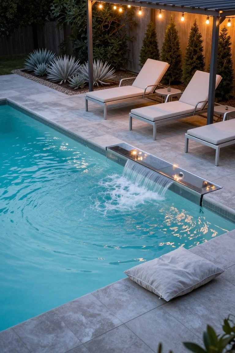 Backyard swimming pool with stainless steel waterfall edge spilling water into the pool, lounge chairs on tiled deck under pergola with string lights, agave plants and privacy fence nearby.
