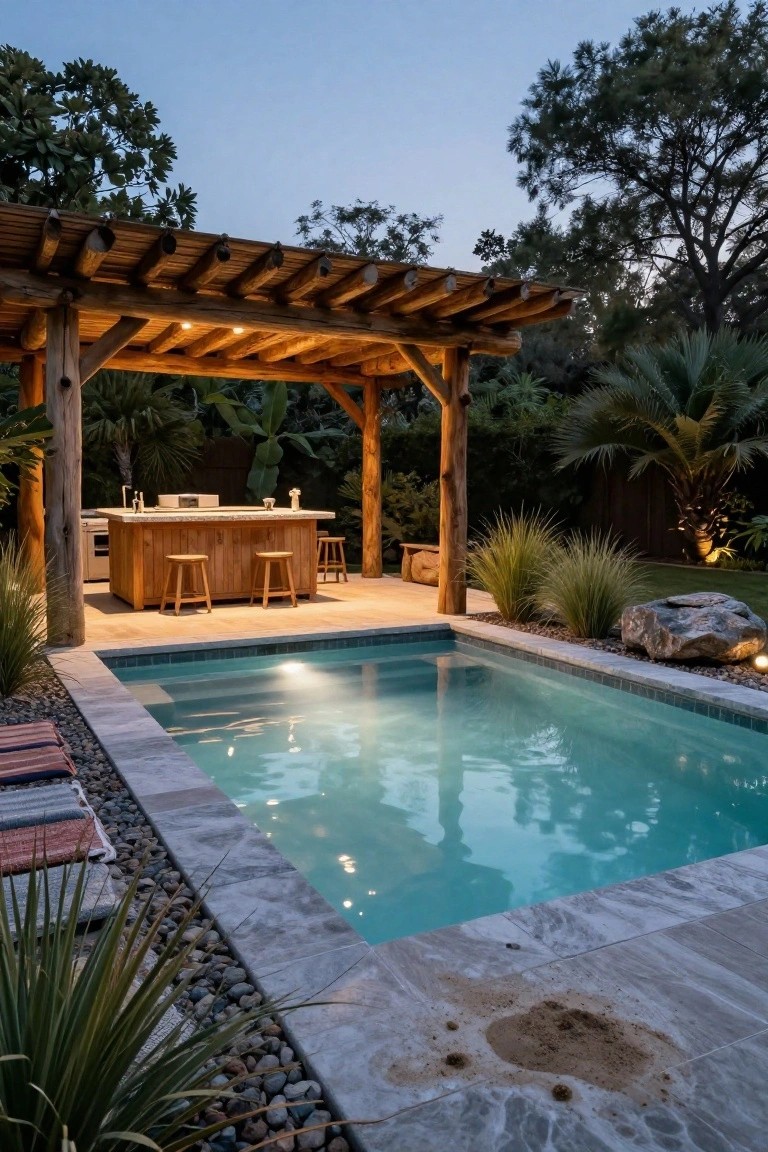 Wooden pergola with log posts sheltering an outdoor bar and stools next to a lit turquoise plunge pool, surrounded by tropical plants, rocks, and gravel edging at dusk.