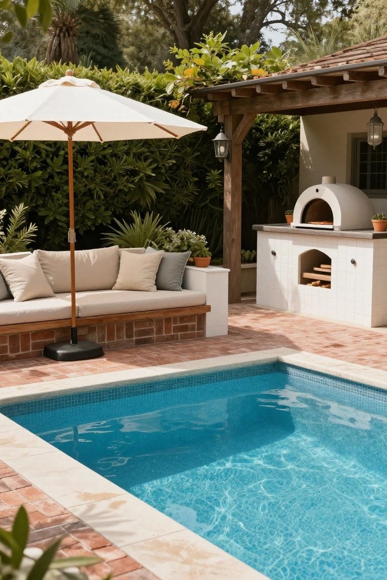 Small turquoise mosaic-tiled pool with brick paver surround and adjacent built-in beige cushioned bench under white umbrella, next to white-tiled outdoor kitchen with dome pizza oven under wooden pergola, greenery backdrop.