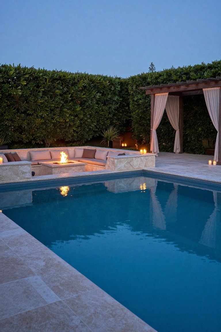 Backyard infinity pool with adjacent built-in stone L-shaped seating around a central gas fire pit, wood pergola with sheer curtains, candles, potted plants, and tall green hedges at dusk.