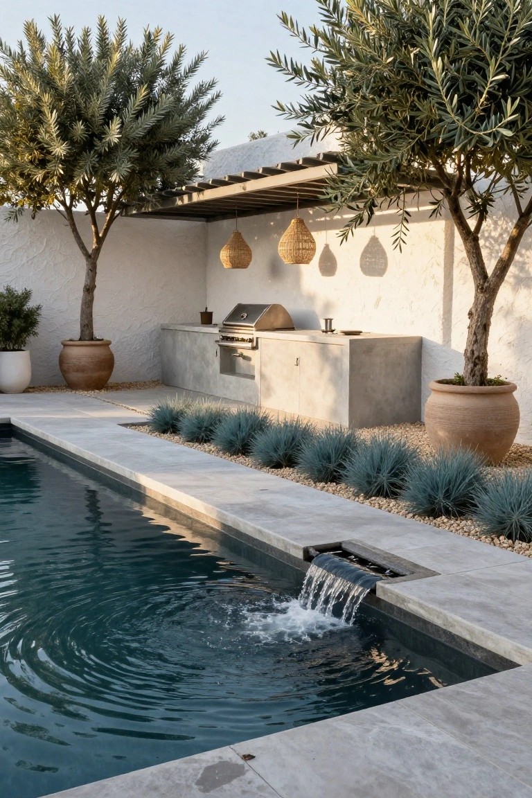 A rectangular pool with a waterfall edge and surrounding gray concrete decking features a built-in outdoor kitchen with stainless steel grill and counters against a white stucco wall, accented by olive trees, blue agave plants, terracotta pots, and hanging woven lanterns.