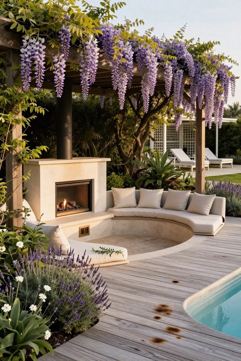 Wooden deck beside a pool with curved beige built-in bench seating around a beige stone gas fireplace, lavender plants nearby, purple wisteria hanging from a pergola overhead, and lounge chairs in the background.