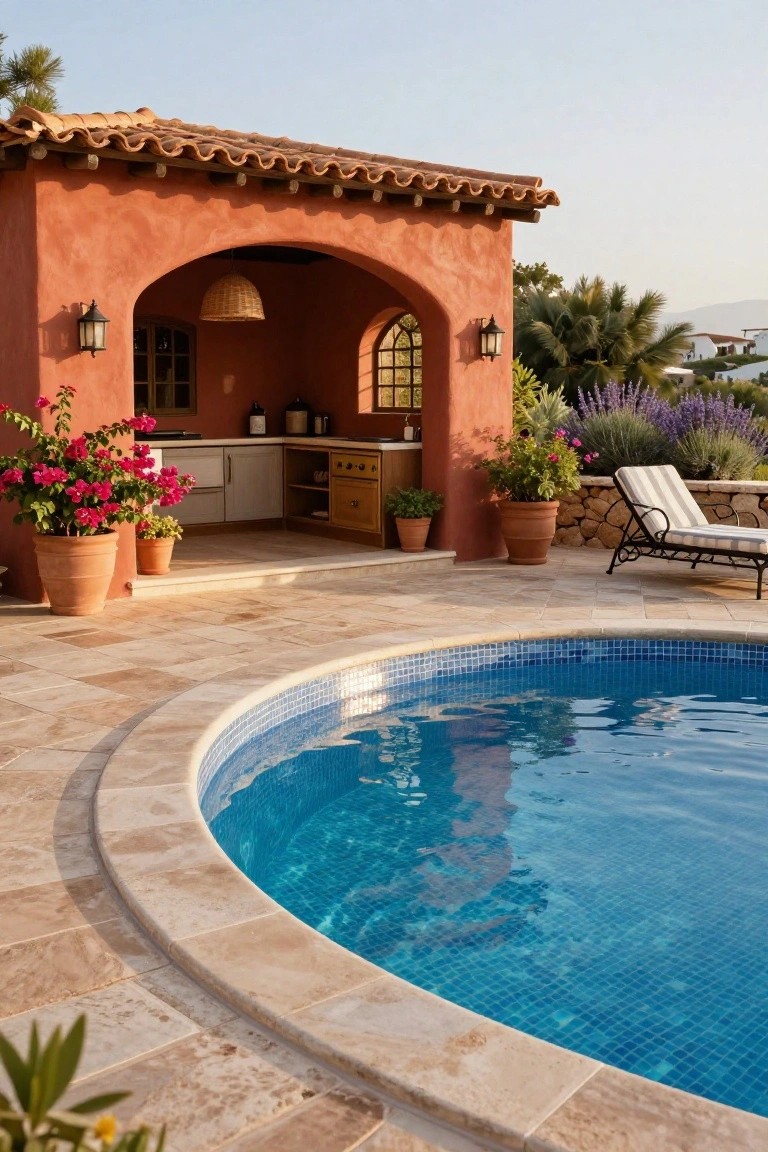 Curved blue mosaic-tiled pool with beige travertine edge and decking, next to a red stucco outdoor kitchen pavilion featuring arched entry, wooden cabinets, potted plants, and a lounge chair nearby.
