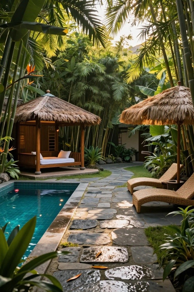 Tropical backyard pool with a wooden open-air pavilion topped by thatched roof containing a daybed, two lounge chairs under thatched umbrellas nearby, stone path, and dense surrounding greenery including bamboo and palms.