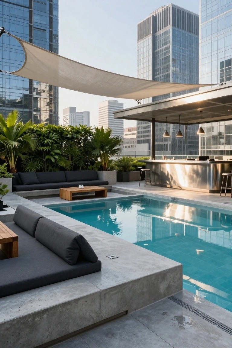 Rooftop terrace with rectangular turquoise pool flush to gray concrete decking, low black loungers and pillows at pool edge, wooden side tables, potted plants, stainless steel bar with stools, palm trees, beige shade sails, and tall glass skyscrapers in background.