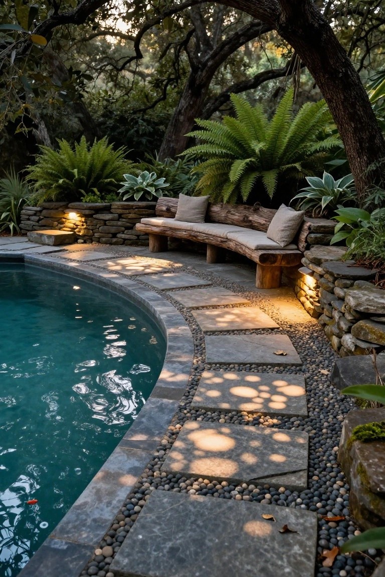 Curved turquoise pool edged in stone tiles with a pebble-filled path leading to a cushioned wooden log bench built into a dry-stacked stone wall, surrounded by ferns, agave plants, and landscape lights under trees.