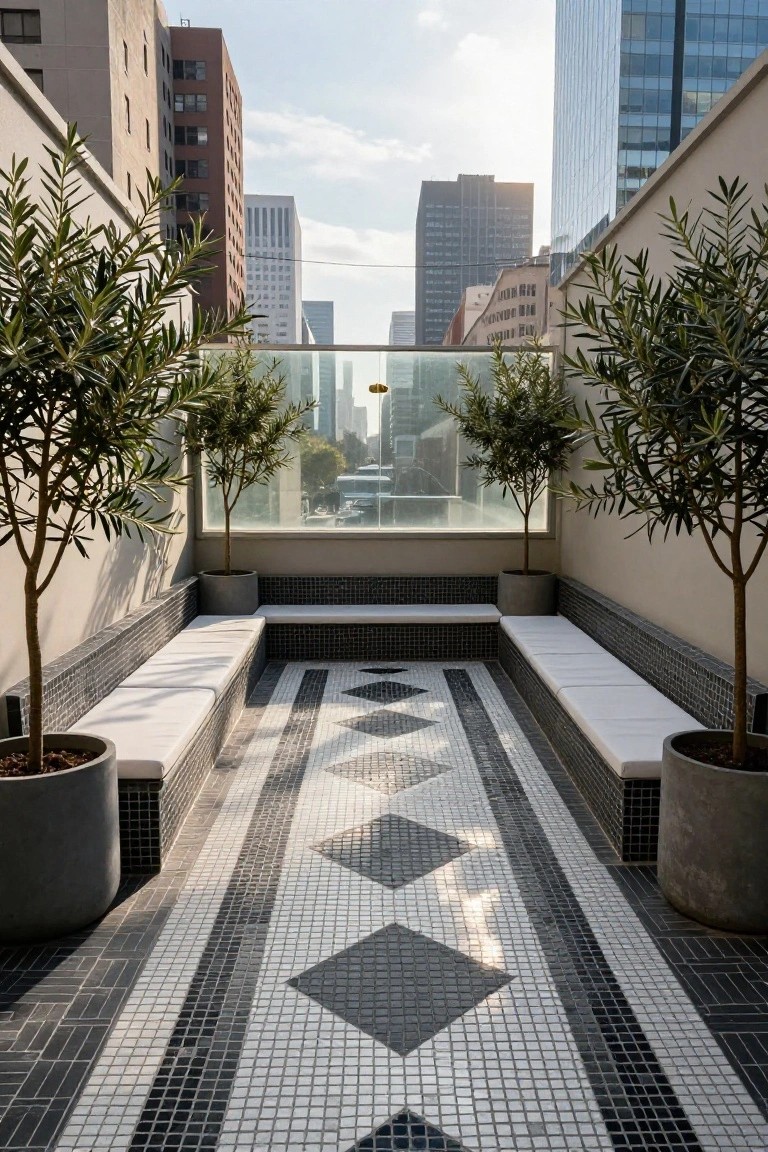 23 Luxury Pool Mosaic Ideas That Add Artistic Detail Outdoor terrace featuring a central black and white diamond-patterned mosaic tile floor, built-in white benches along beige walls, potted olive trees, and a glass railing with city skyline view.