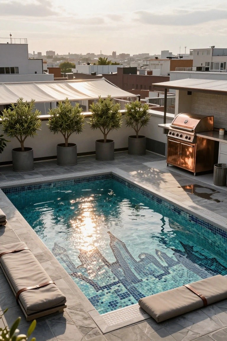 23 Luxury Pool Mosaic Ideas That Add Artistic Detail Rooftop pool with blue mosaic tiles forming a city skyline on the bottom, flanked by beige lounge cushions, potted olive trees, and a copper barbecue grill, with city buildings visible in the background.
