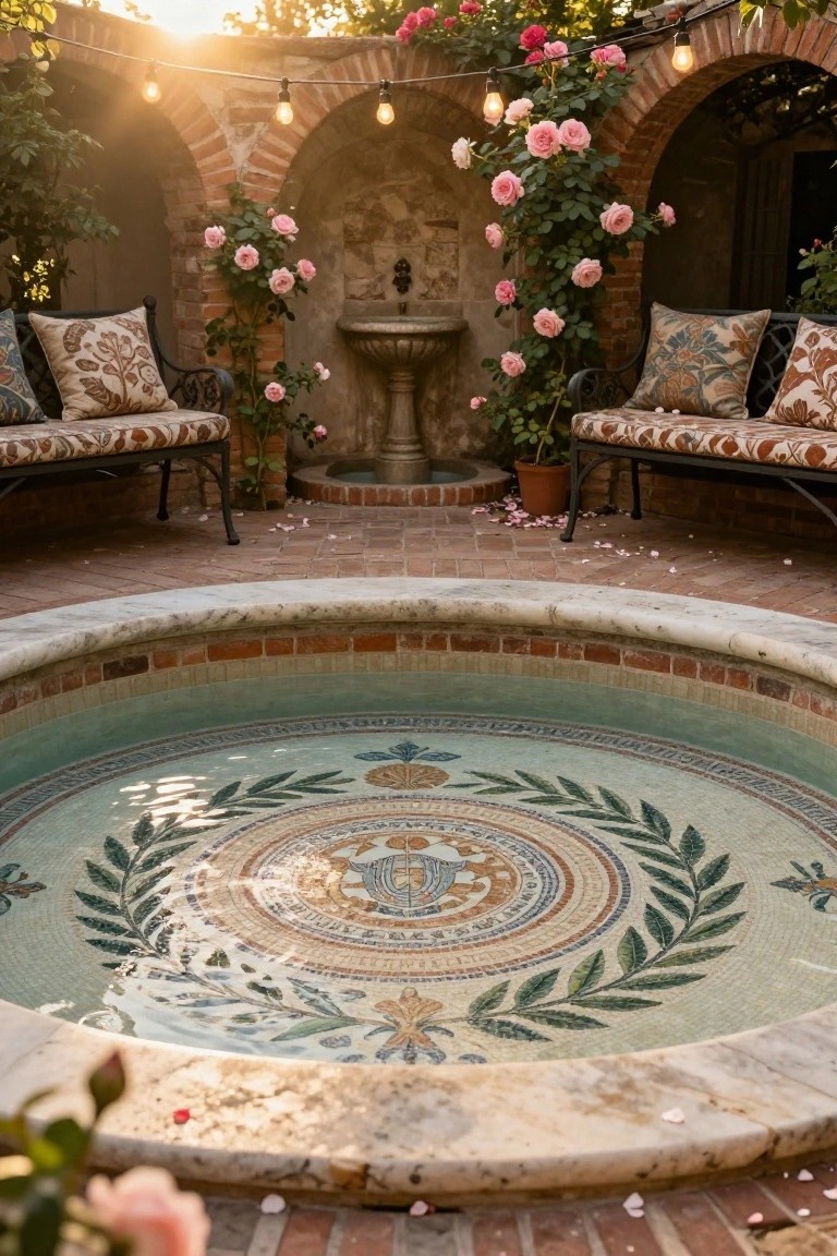 23 Luxury Pool Mosaic Ideas That Add Artistic Detail Small circular pool with intricate turquoise and gold mosaic tile floor showing laurel wreath, shells, and classical motifs, set in brick courtyard with climbing roses, arches, benches, fountain, and string lights at sunset.