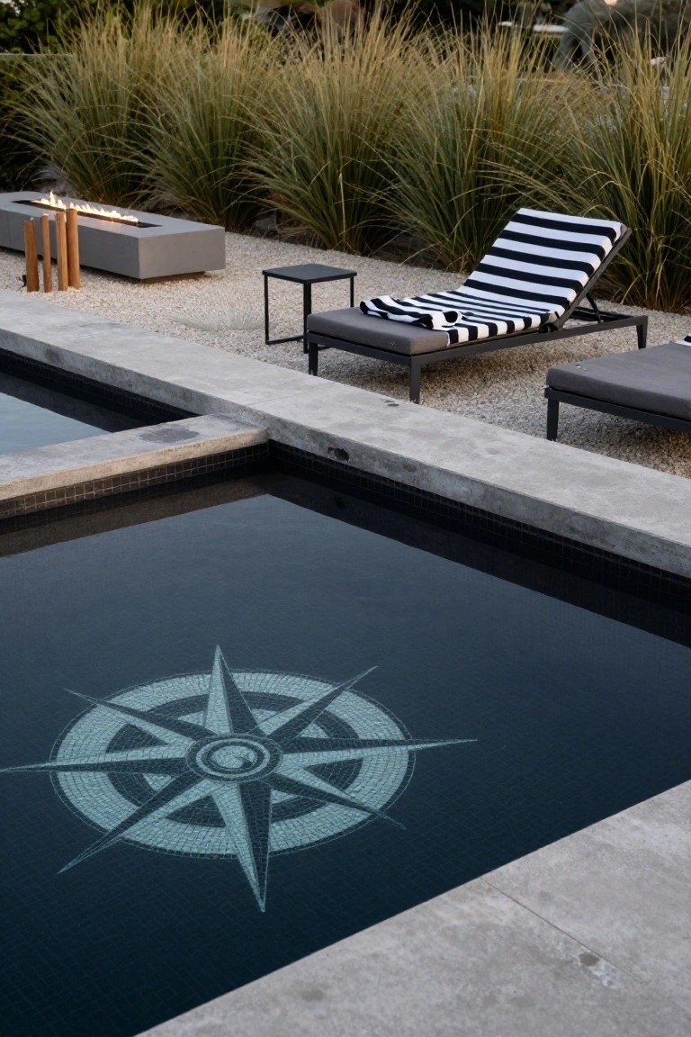 23 Luxury Pool Mosaic Ideas That Add Artistic Detail Black pool with light blue glass mosaic compass rose on the bottom, edged in black tile, next to gray lounge chairs, a concrete fire pit with flames, and tall grasses on gravel in an outdoor setting.