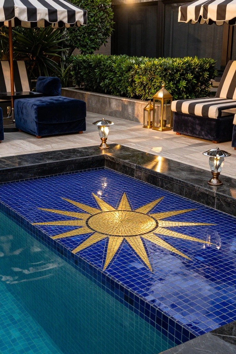 23 Luxury Pool Mosaic Ideas That Add Artistic Detail A rectangular pool with blue mosaic tiles and a central golden sunburst mosaic design on the floor, edged in black stone, surrounded by lounge chairs, striped umbrellas, potted plants, and lanterns on a stone patio.