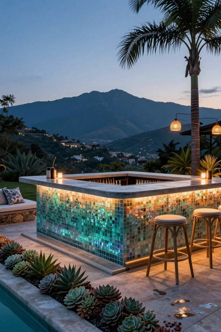 23 Luxury Pool Mosaic Ideas That Add Artistic Detail Poolside bar with iridescent blue-green mosaic tile front lit from behind, rattan bar stools, candles on countertop, succulents in foreground, pool edge, palm trees, and distant mountains at dusk.
