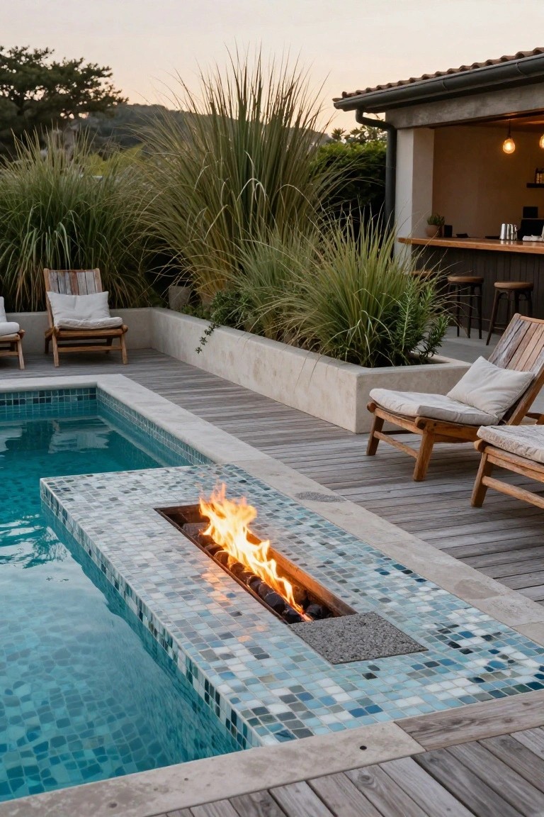 23 Luxury Pool Mosaic Ideas That Add Artistic Detail Turquoise mosaic-tiled infinity-edge pool with integrated linear gas fire pit, wooden decking, teak lounge chairs with cushions, potted plants, tall grasses, and an outdoor bar structure in the background at dusk.