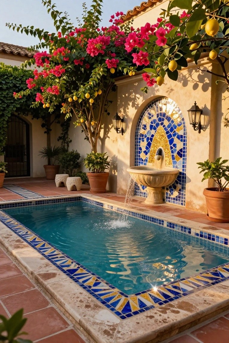 23 Luxury Pool Mosaic Ideas That Add Artistic Detail Small rectangular turquoise pool with blue, yellow, and gold mosaic tile borders, adjacent to a stone fountain featuring a matching blue and gold mosaic arched wall design on beige stucco, surrounded by potted plants, a lemon tree, bougainvillea vines, lanterns, and terracotta paving.