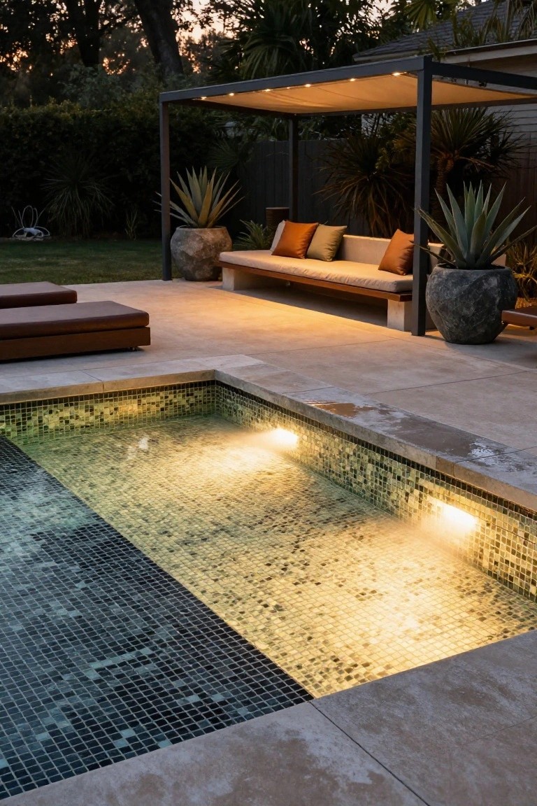 23 Luxury Pool Mosaic Ideas That Add Artistic Detail Small rectangular plunge pool with black mosaic tiles at the base transitioning to green and gold mosaic tiles at the edges, illuminated from underwater, adjacent to a beige tiled patio with lounge seating, cushions, potted plants, and a covered pergola in a backyard at dusk.