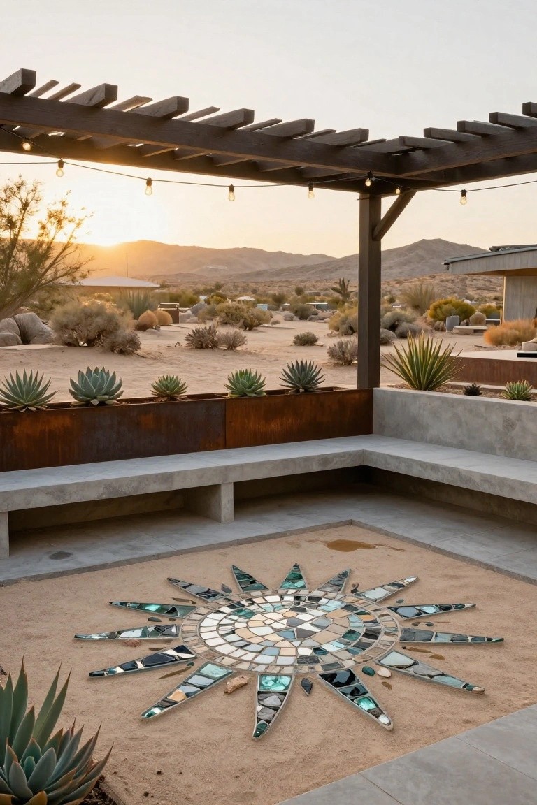 23 Luxury Pool Mosaic Ideas That Add Artistic Detail Corner outdoor patio under wooden pergola with string lights, featuring L-shaped concrete benches, rusted metal planters filled with agave and succulents, central circular mosaic sun design made of glass tiles set into sand floor, and desert landscape with mountains at sunset.