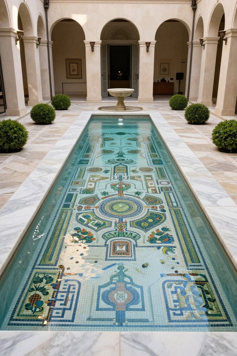 23 Luxury Pool Mosaic Ideas That Add Artistic Detail Long narrow pool with intricate multicolored mosaic tile designs on the bottom, centered in a stone courtyard with arches, columns, boxwood shrubs, and a fountain at one end.