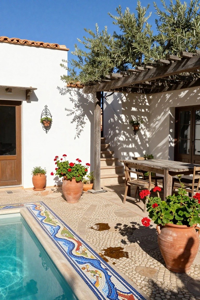 23 Luxury Pool Mosaic Ideas That Add Artistic Detail Outdoor pool with a colorful mosaic-tiled edge in blues, greens, and reds, surrounded by pebble flooring, large terracotta pots with red geraniums, wooden dining table and chairs under a pergola with olive trees, and white stucco walls with wooden doors.