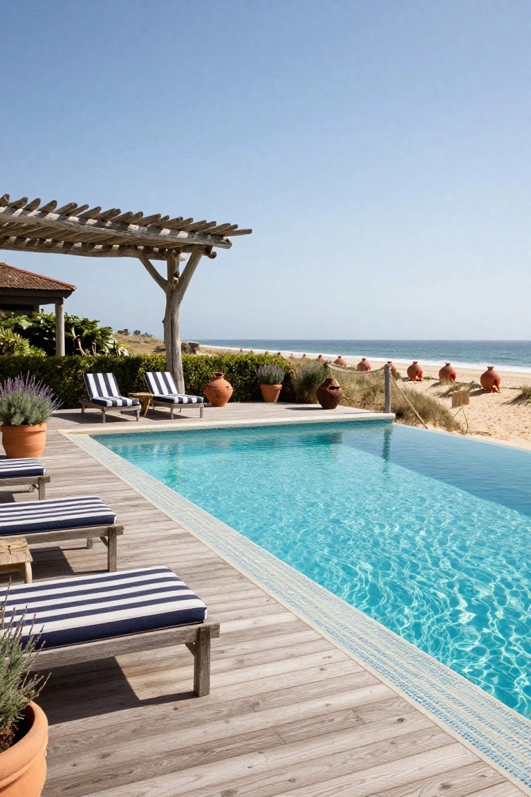 23 Luxury Pool Mosaic Ideas That Add Artistic Detail Wooden deck with striped loungers and potted plants beside an infinity pool featuring blue mosaic tile edging, overlooking sandy beach dunes and ocean under clear sky.