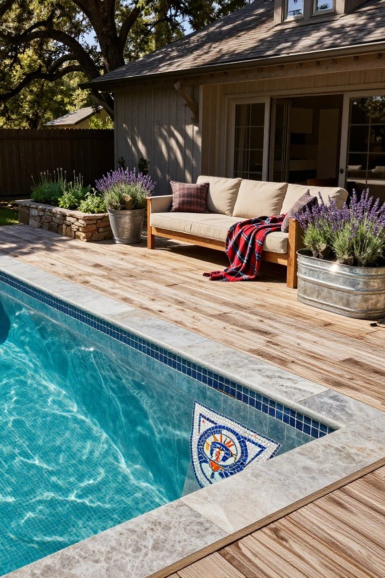 23 Luxury Pool Mosaic Ideas That Add Artistic Detail Wooden deck beside a rectangular pool with clear blue water and a colorful mosaic tile emblem at the near corner, flanked by a beige outdoor sofa with plaid blanket, metal tubs of lavender plants, stone garden wall, and a shingled pool house in the background.