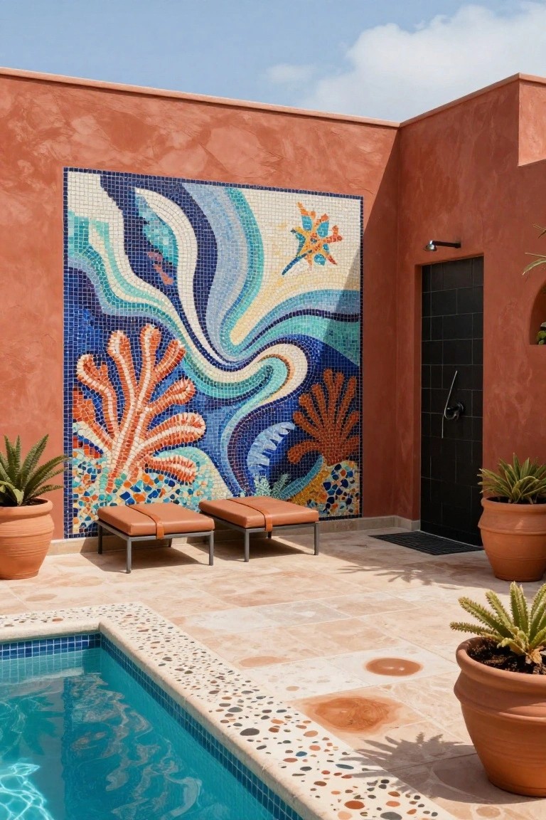 23 Luxury Pool Mosaic Ideas That Add Artistic Detail Outdoor infinity-edge pool with terracotta walls, a large blue and multicolored mosaic mural of waves and coral on one wall, two tan lounge chairs, potted plants, and a black outdoor shower door.
