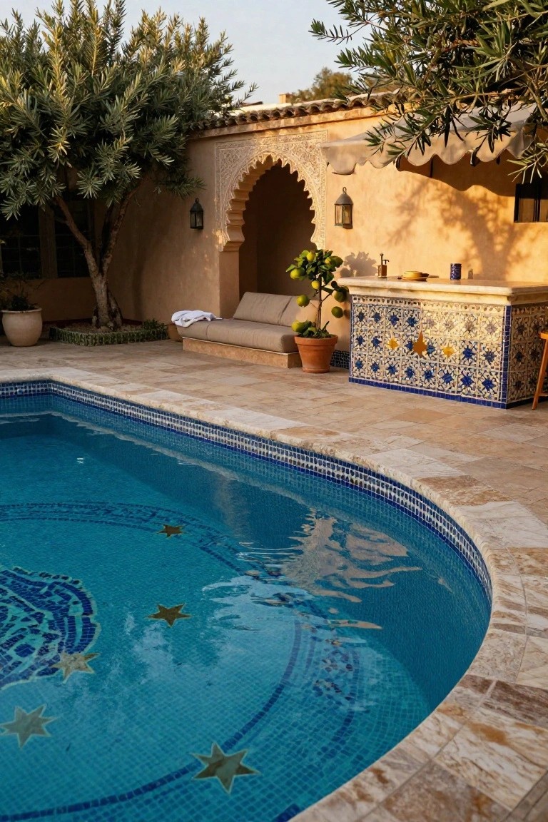 23 Luxury Pool Mosaic Ideas That Add Artistic Detail Curved swimming pool with blue mosaic tiles forming star patterns and arabesque designs on the bottom, adjacent to a bar counter with colorful tiles, lounge seating, potted lemon tree, olive trees, and beige stucco architecture with arched alcove.